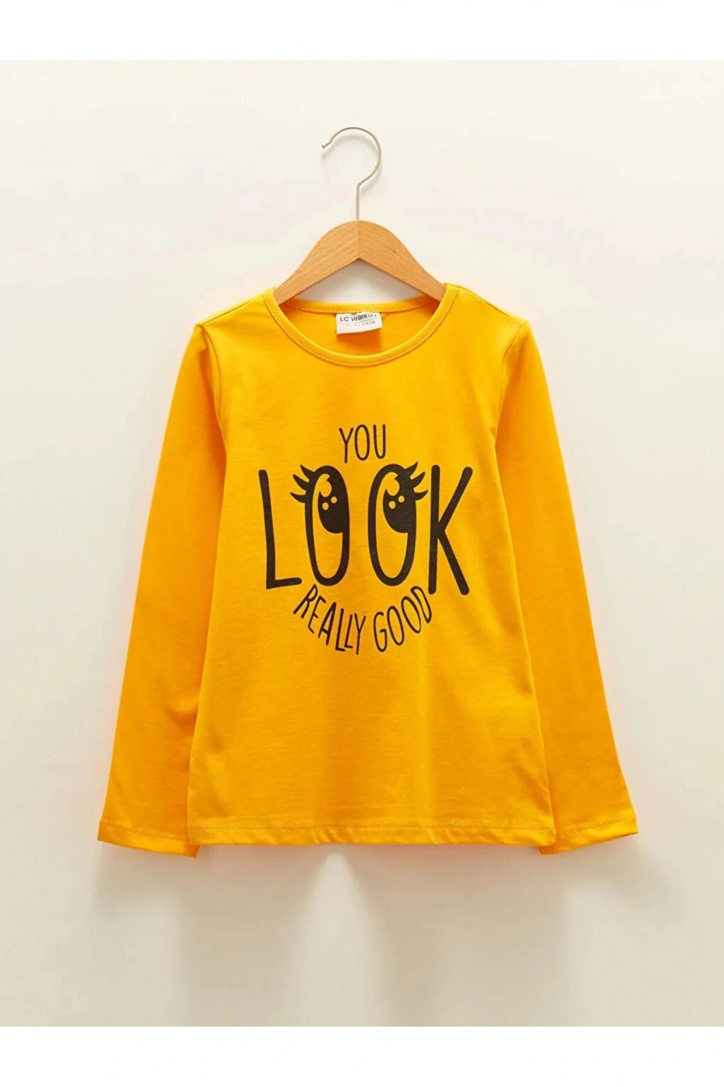 LCW Kids Turuncu Bisiklet Yaka Baskılı Uzun Kollu Pamuklu Kız Çocuk Tişört
