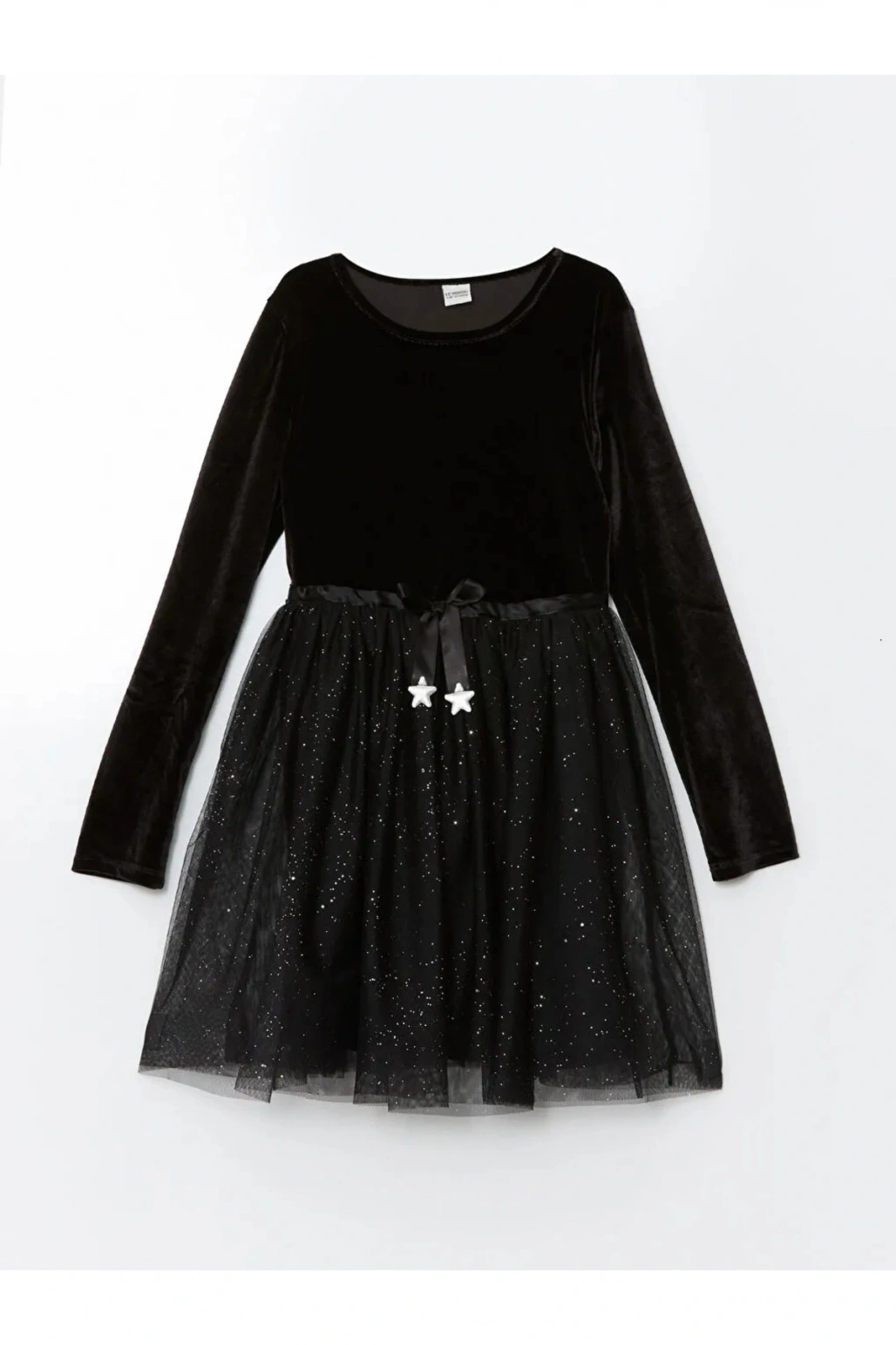 LCW Kids Yeni Siyah Bisiklet Yaka Kadife Kız Çocuk Elbise