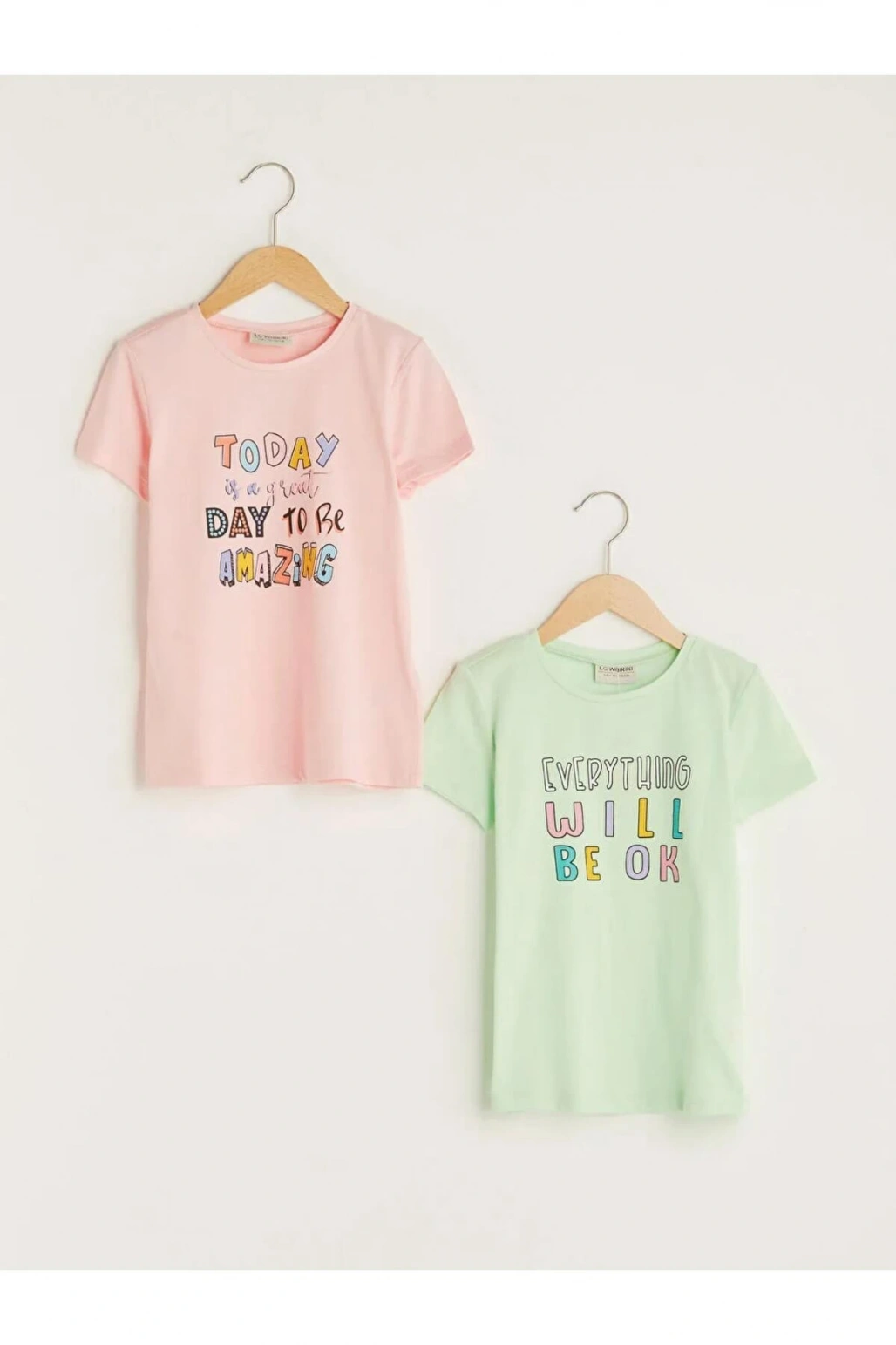 LCW Kids Yeşil Bisiklet Yaka Baskılı Kısa Kollu Pamuklu Kız Çocuk Tişört 2li