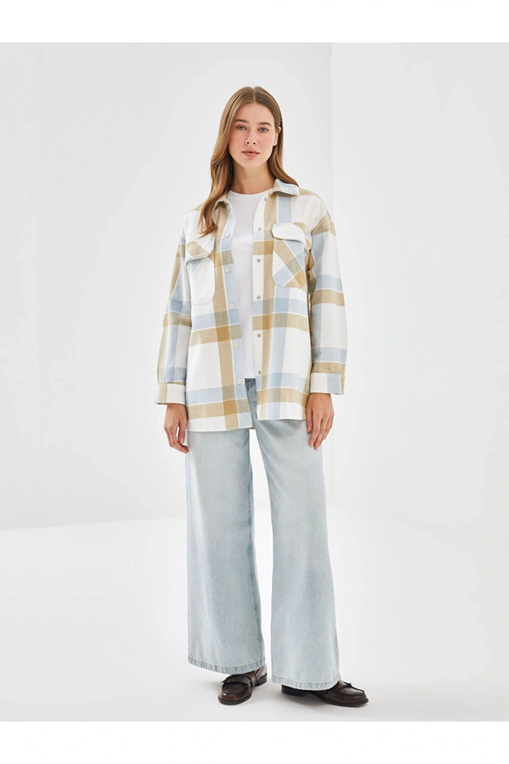 LCW Modest Açık Mavi Ekoseli Ekose Oversize Kadın Gömlek Tunik