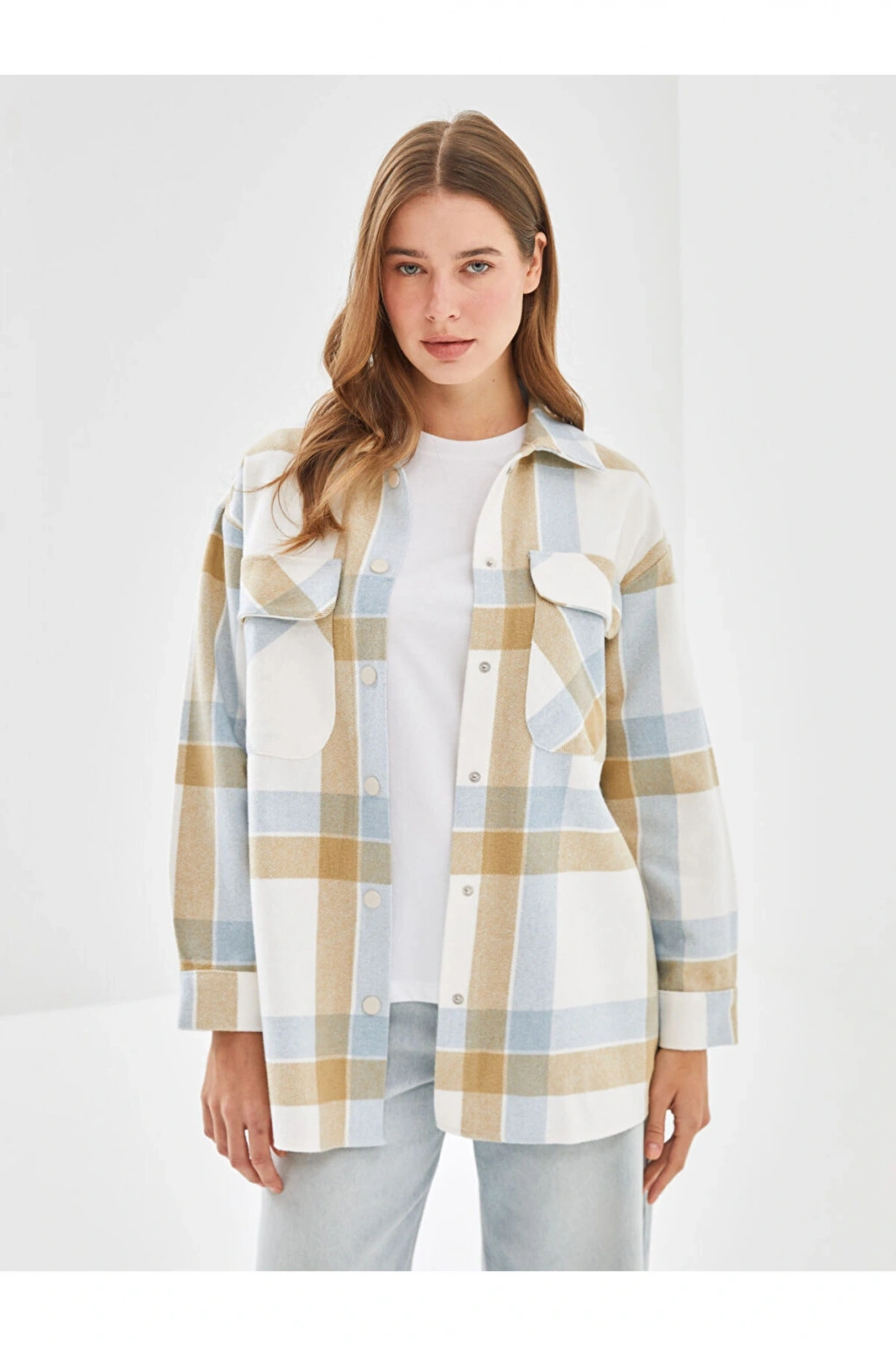 LCW Modest Açık Mavi Ekoseli Ekose Oversize Kadın Gömlek Tunik