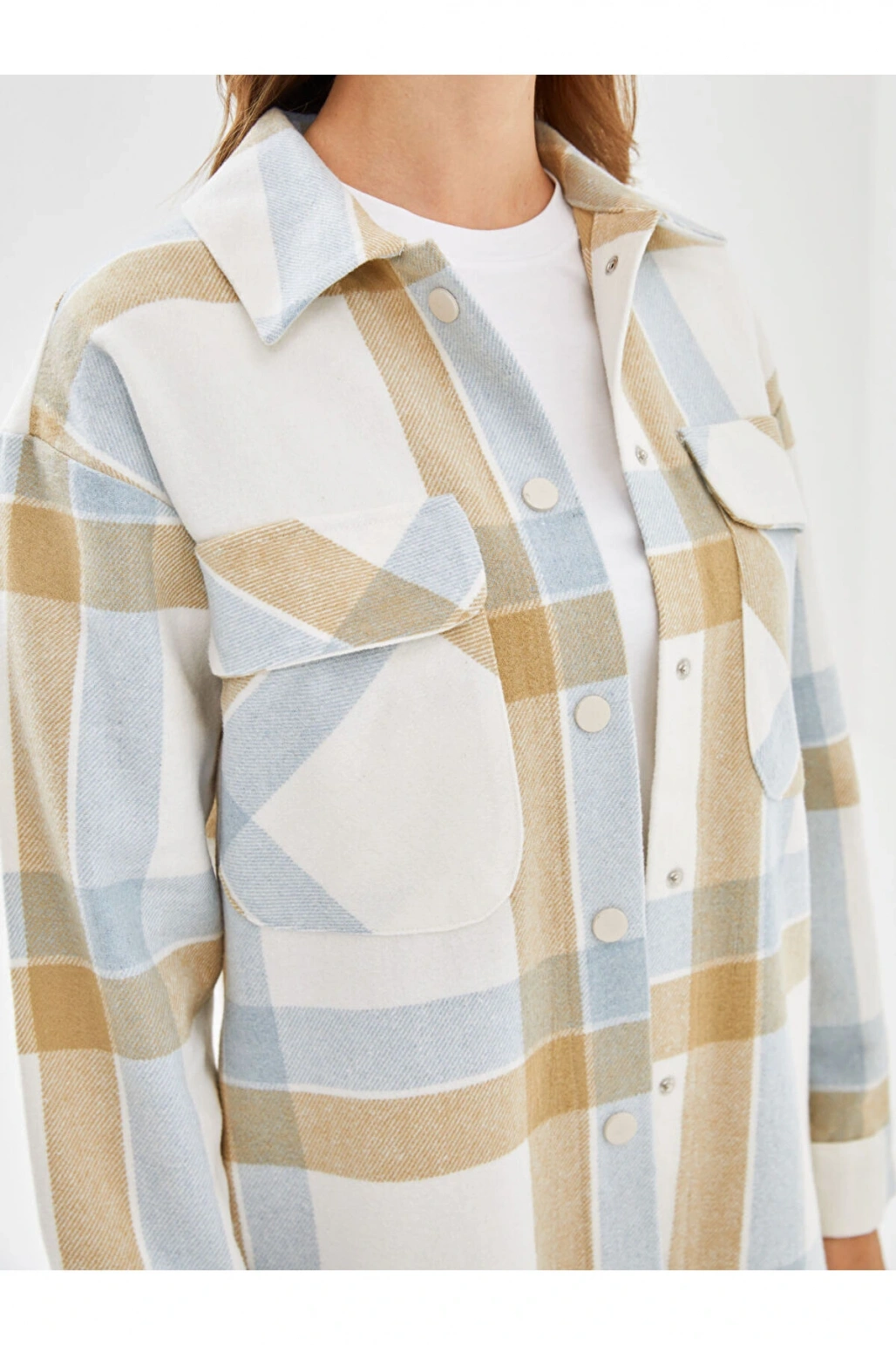 LCW Modest Açık Mavi Ekoseli Ekose Oversize Kadın Gömlek Tunik