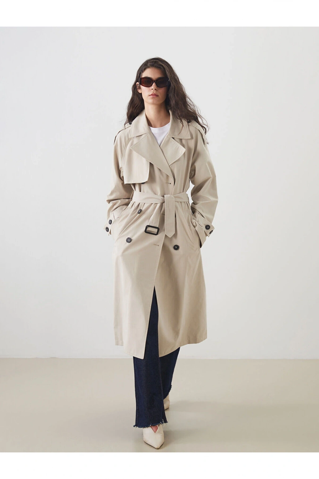 LCW Modest Bej Kruvaze Yaka Oversize Kadın Trençkot