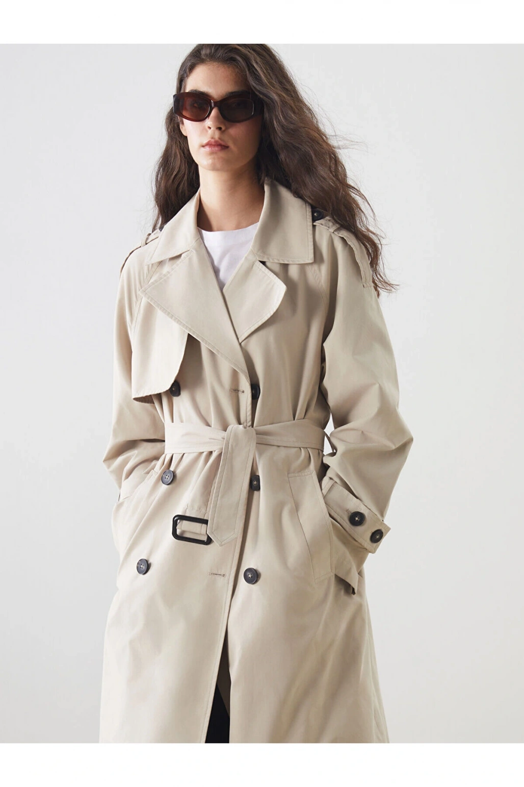 LCW Modest Bej Kruvaze Yaka Oversize Kadın Trençkot