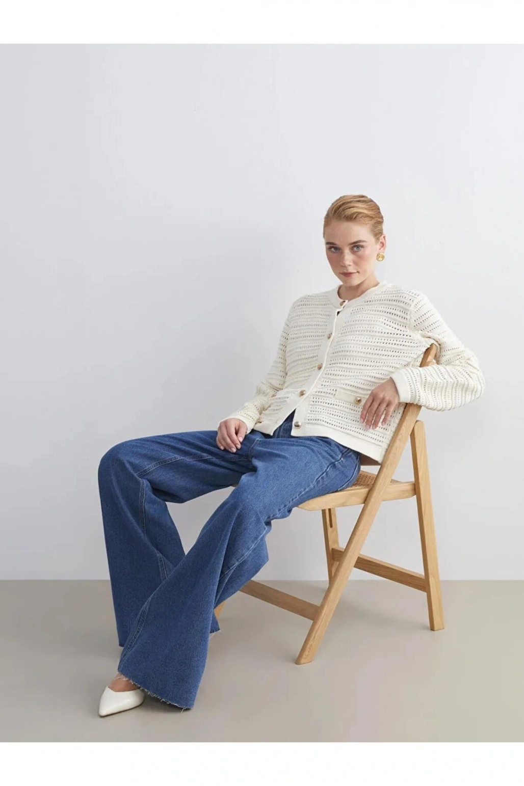 LCW Modest Ekru Bisiklet Yaka Ajurlu Kadın Triko Hırka