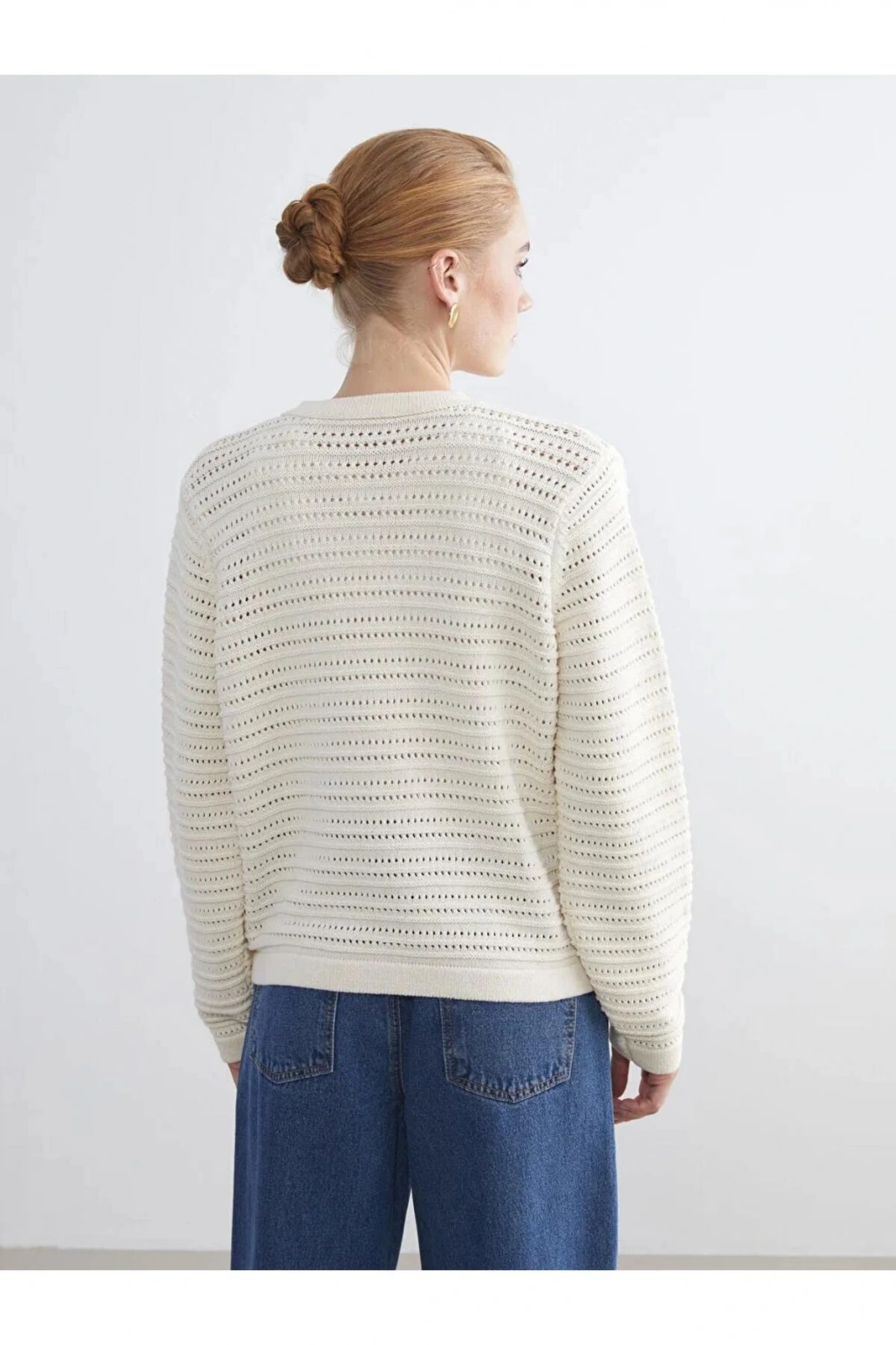 LCW Modest Ekru Bisiklet Yaka Ajurlu Kadın Triko Hırka