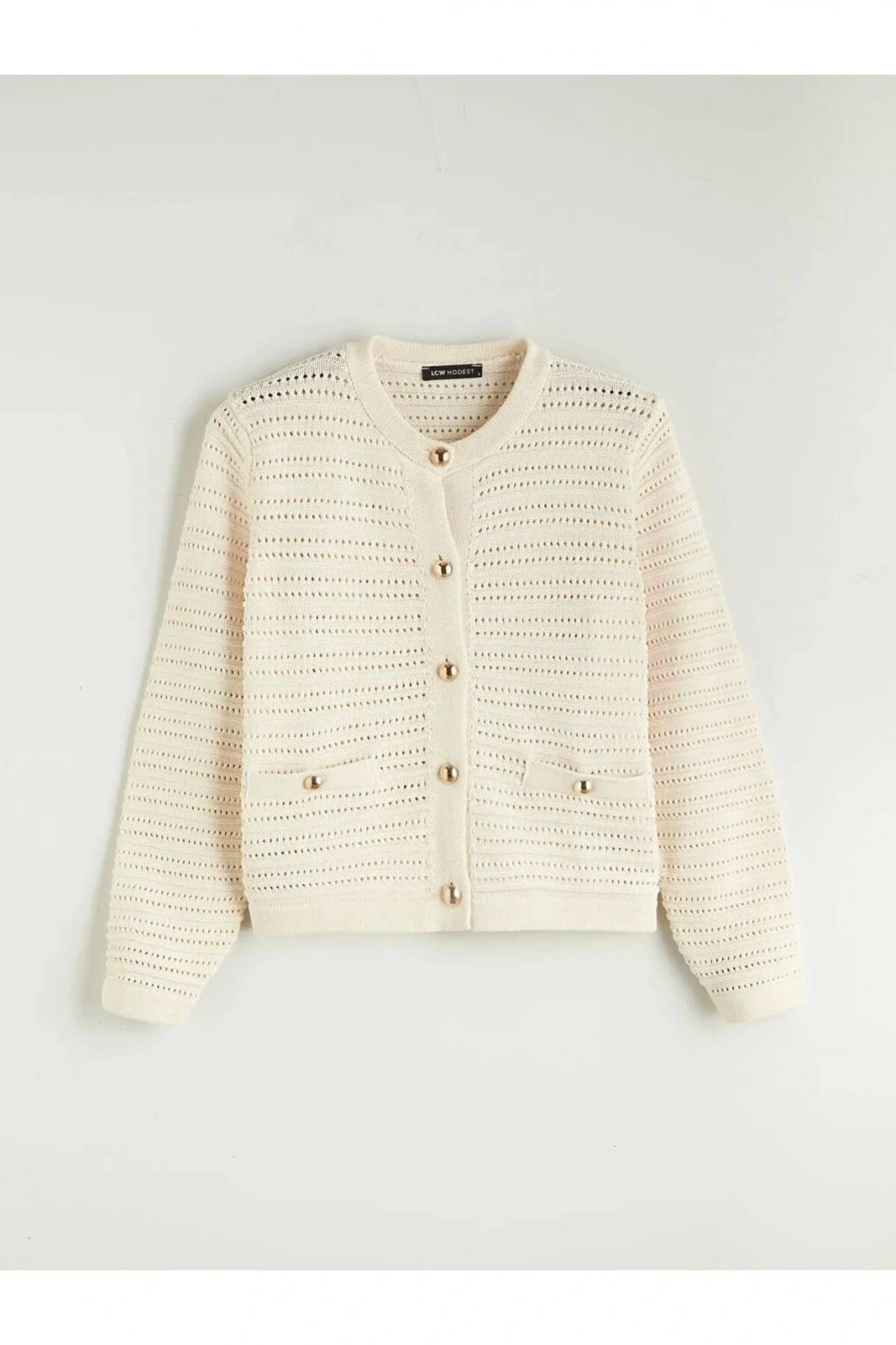 LCW Modest Ekru Bisiklet Yaka Ajurlu Kadın Triko Hırka