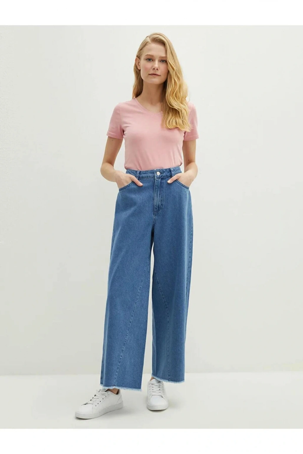 LCW Modest İndigo Cep Detaylı Bol Paça Kadın Rodeo Jean Pantolon