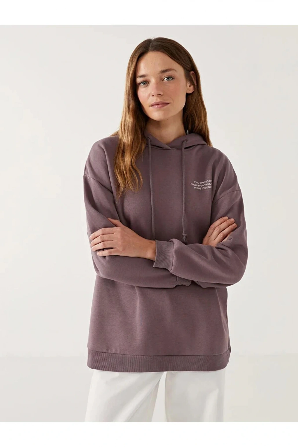 LCW Modest Kapüşonlu Baskılı Oversize Kadın Sweatshirt Tunik