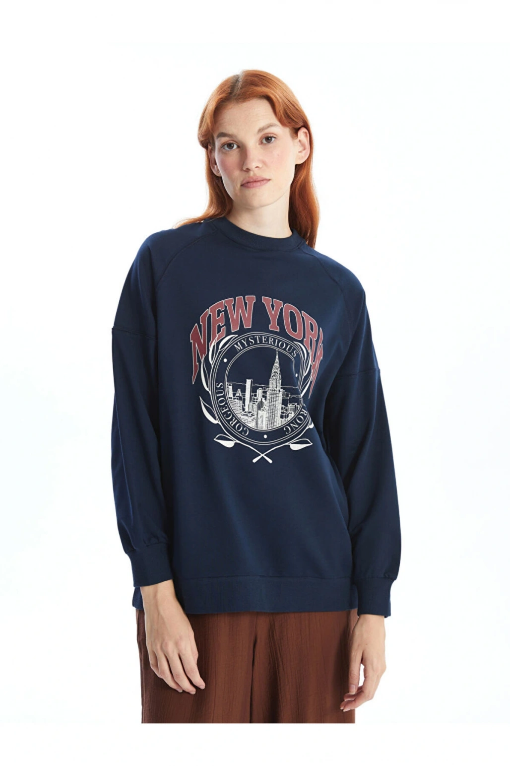 LCW Modest Lacivert Bisiklet Yaka Baskılı Oversize Kadın Sweatshirt Tunik