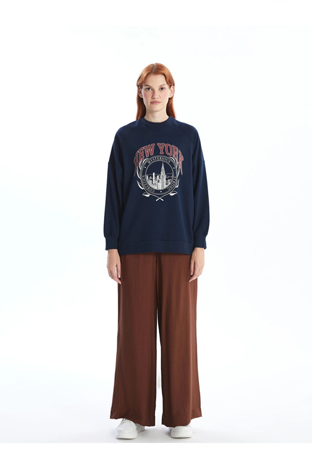 LCW Modest Lacivert Bisiklet Yaka Baskılı Oversize Kadın Sweatshirt Tunik