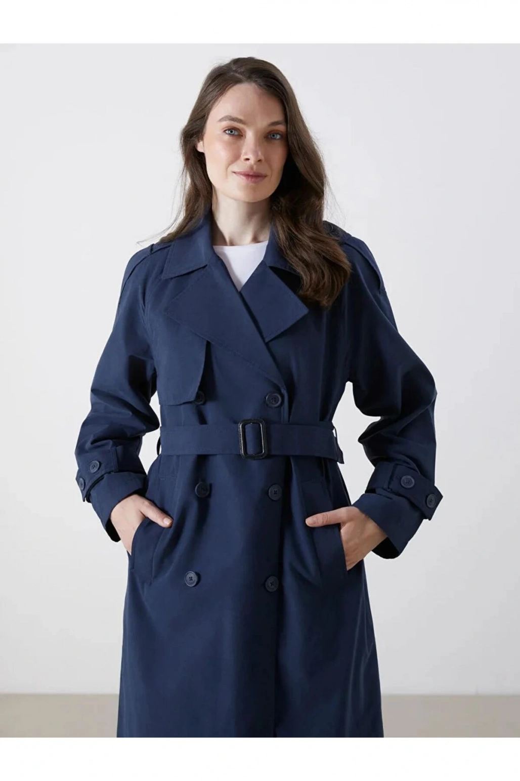 LCW Modest Lacivert Kruvaze Yaka Oversize Kadın Trençkot