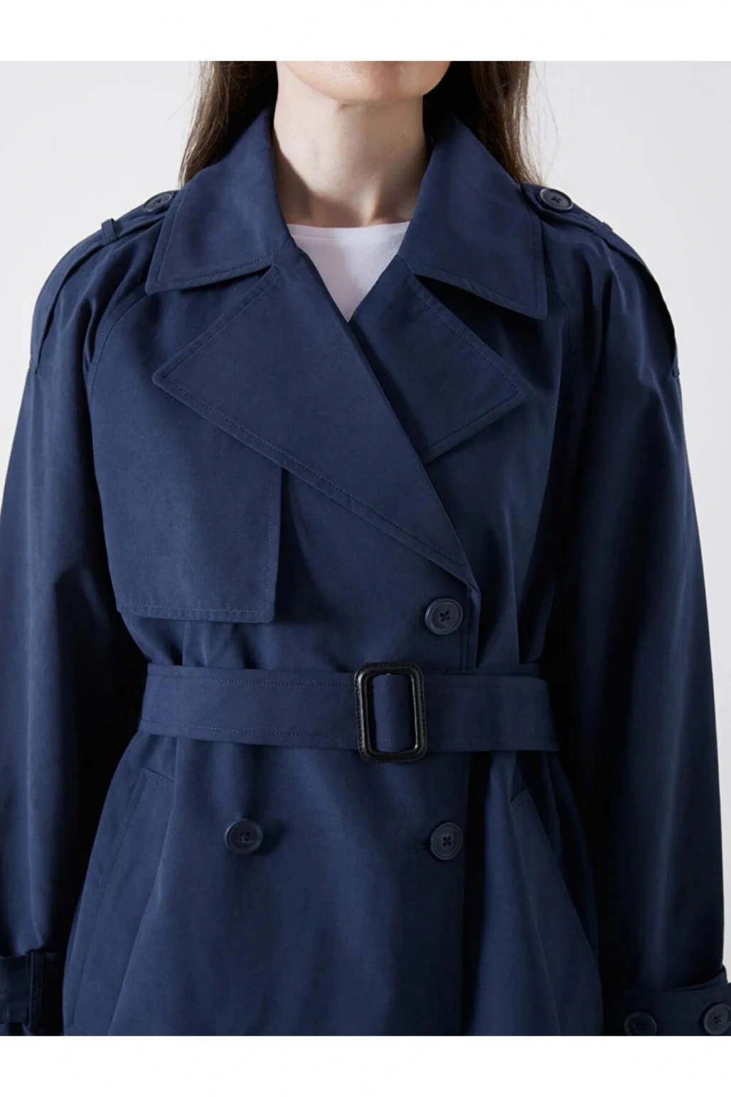 LCW Modest Lacivert Kruvaze Yaka Oversize Kadın Trençkot