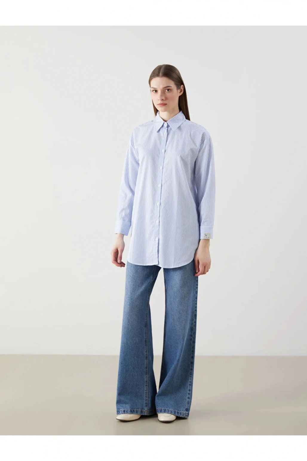 LCW Modest Mavi Çizgili Poplin Kadın Gömlek Tunik