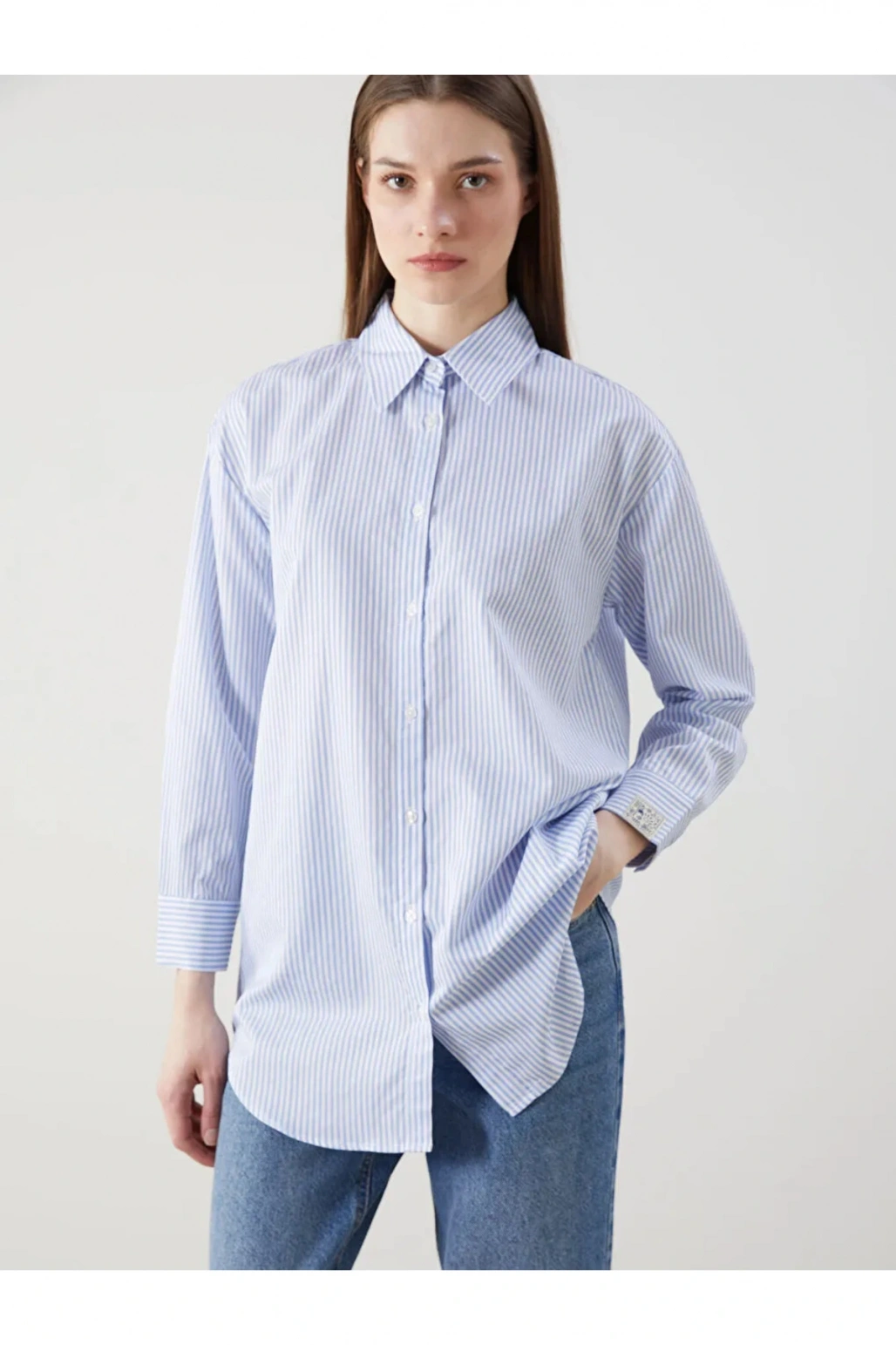 LCW Modest Mavi Çizgili Poplin Kadın Gömlek Tunik