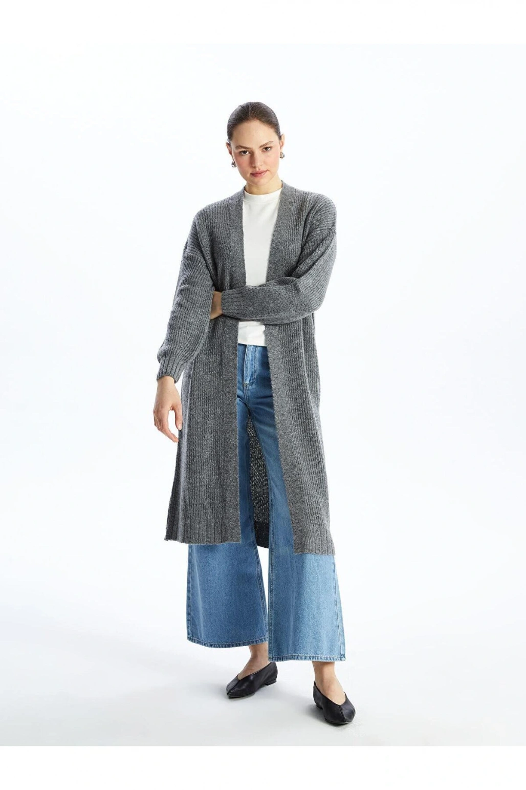 LCW Modest Şal Yaka Düz Uzun Kollu Oversize Kadın Triko Hırka