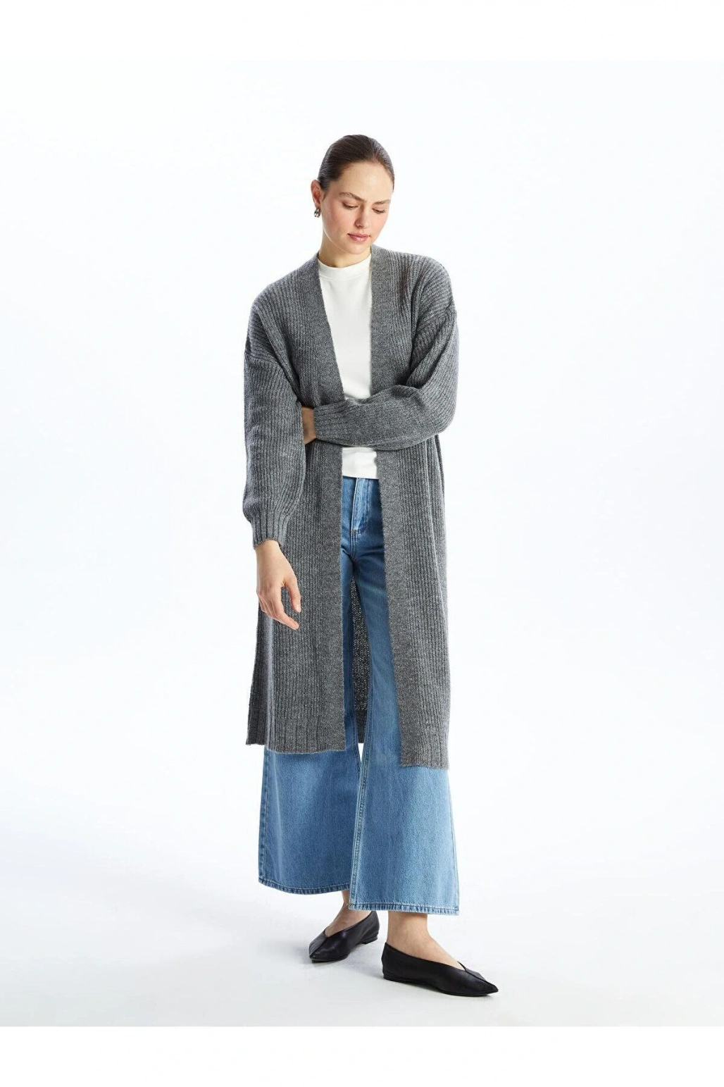 LCW Modest Şal Yaka Düz Uzun Kollu Oversize Kadın Triko Hırka