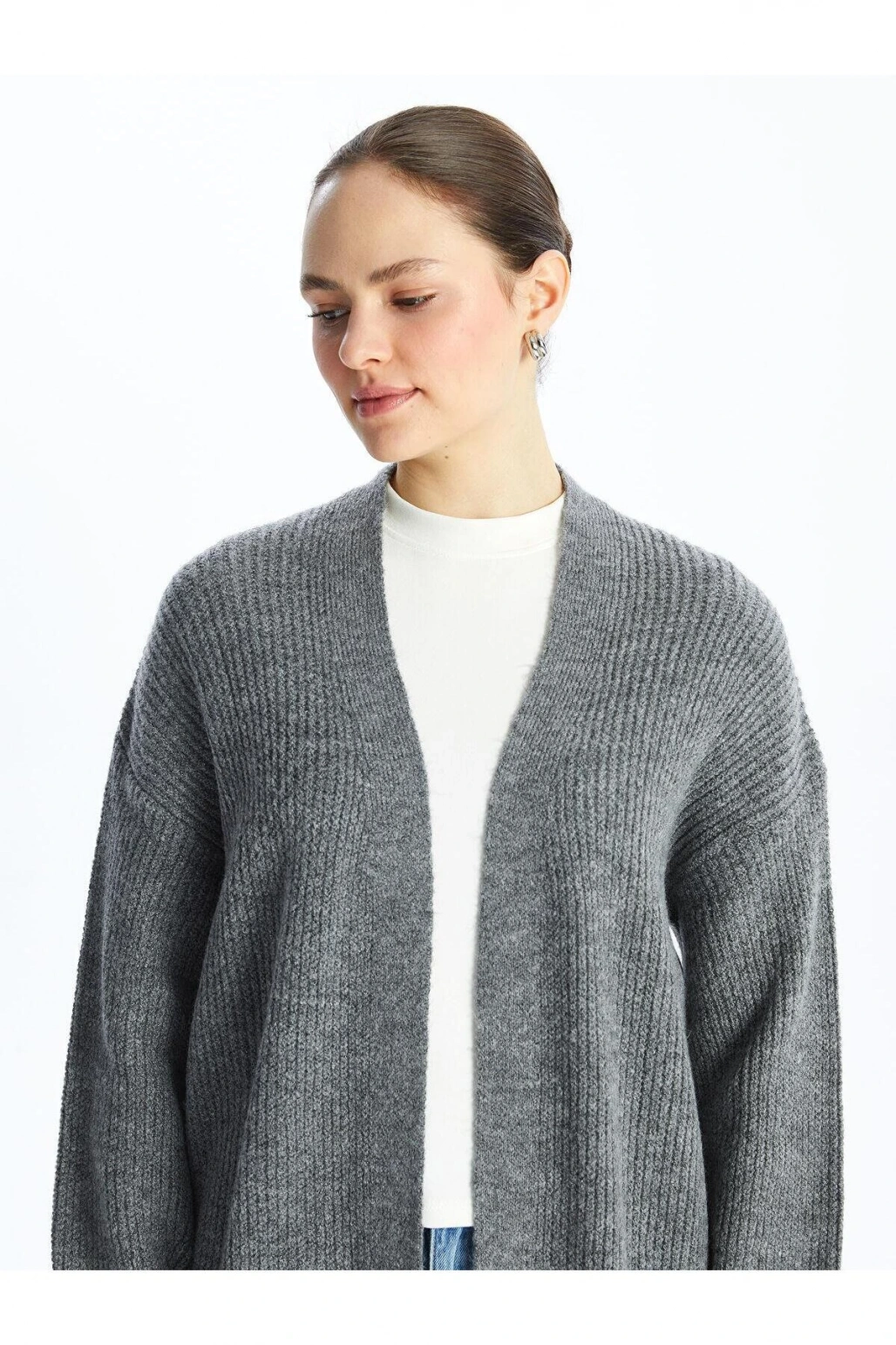 LCW Modest Şal Yaka Düz Uzun Kollu Oversize Kadın Triko Hırka