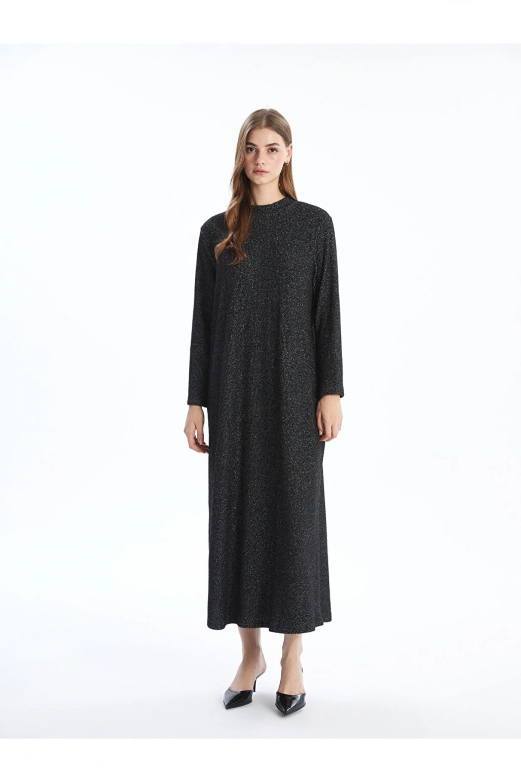 LCW Modest Siyah Bisiklet Yaka Parlak Görünümlü Kadın Elbise