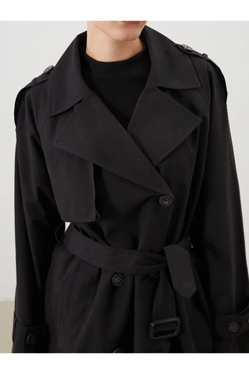 LCW Modest Siyah Kruvaze Yaka Oversize Kadın Trençkot