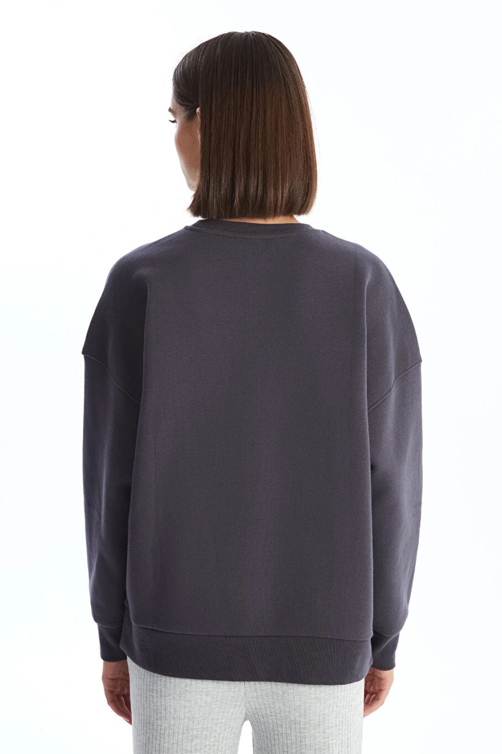 LCW Vision Antrasit Bisiklet Yaka Baskılı Oversize Kadın Kalın Sweatshirt