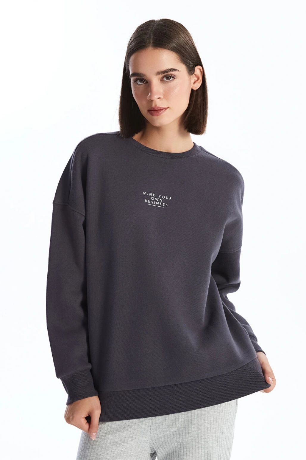 LCW Vision Antrasit Bisiklet Yaka Baskılı Oversize Kadın Kalın Sweatshirt