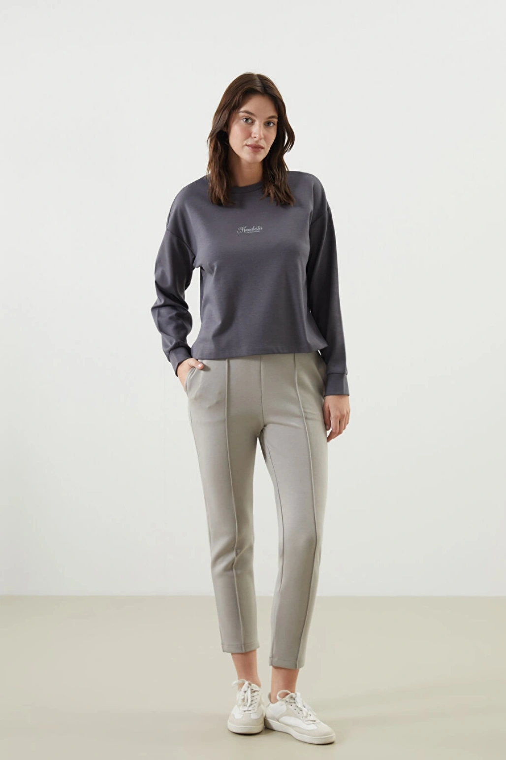 LCW Vision Antrasit Bisiklet Yaka Baskılı Oversize Kadın Sweatshirt