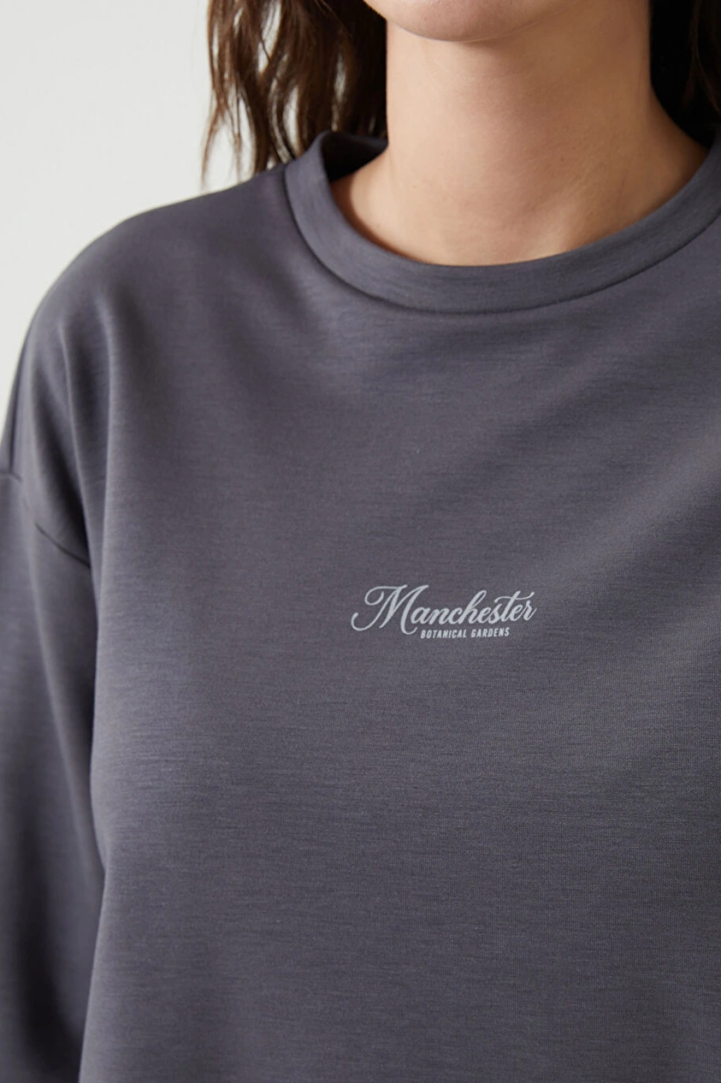 LCW Vision Antrasit Bisiklet Yaka Baskılı Oversize Kadın Sweatshirt