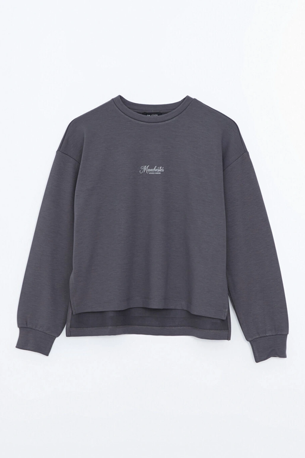 LCW Vision Antrasit Bisiklet Yaka Baskılı Oversize Kadın Sweatshirt