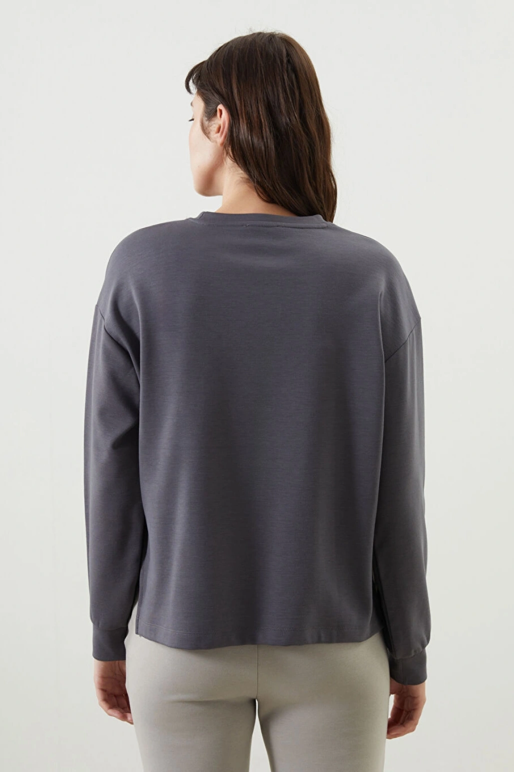 LCW Vision Antrasit Bisiklet Yaka Baskılı Oversize Kadın Sweatshirt