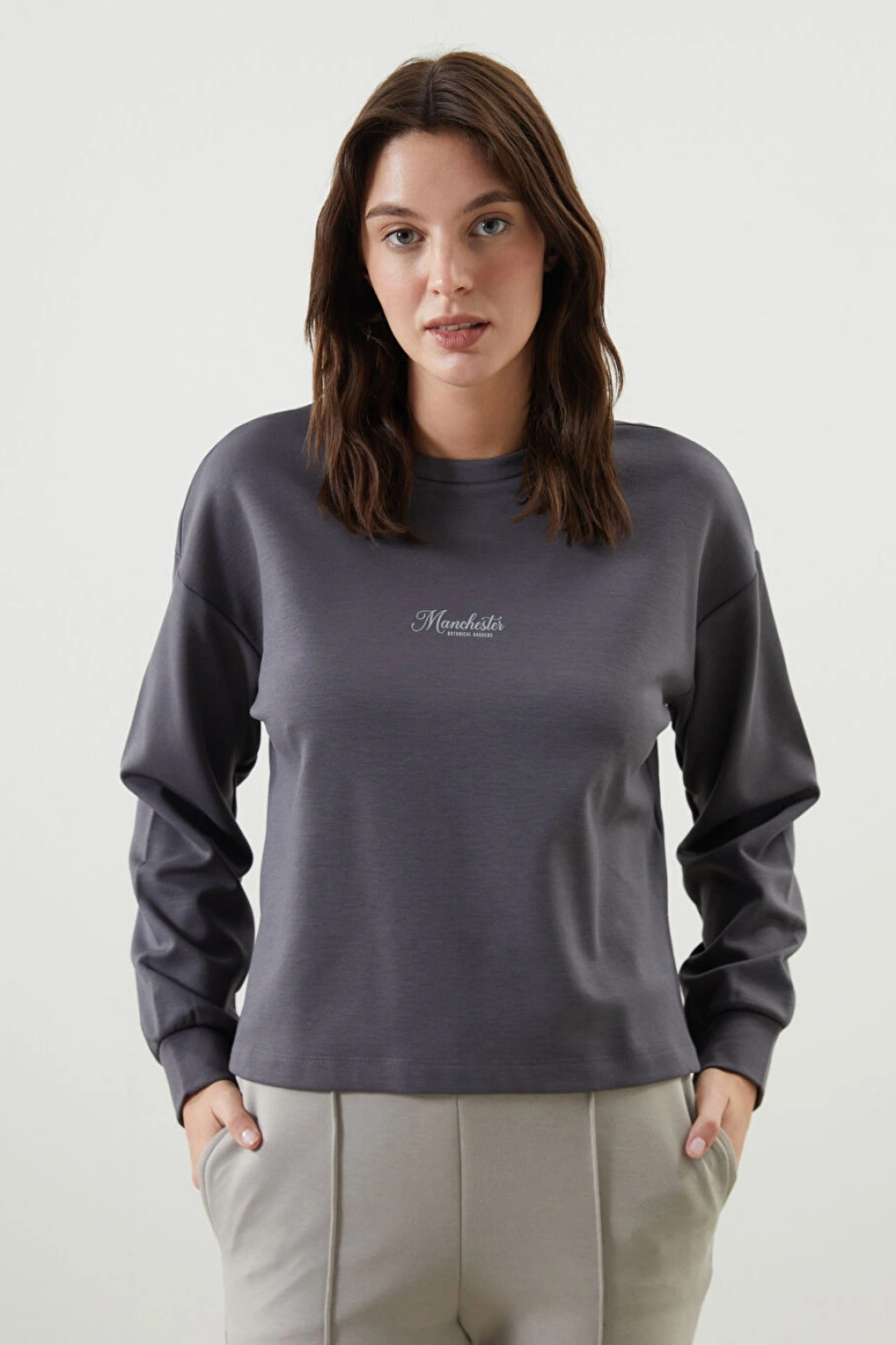 LCW Vision Antrasit Bisiklet Yaka Baskılı Oversize Kadın Sweatshirt