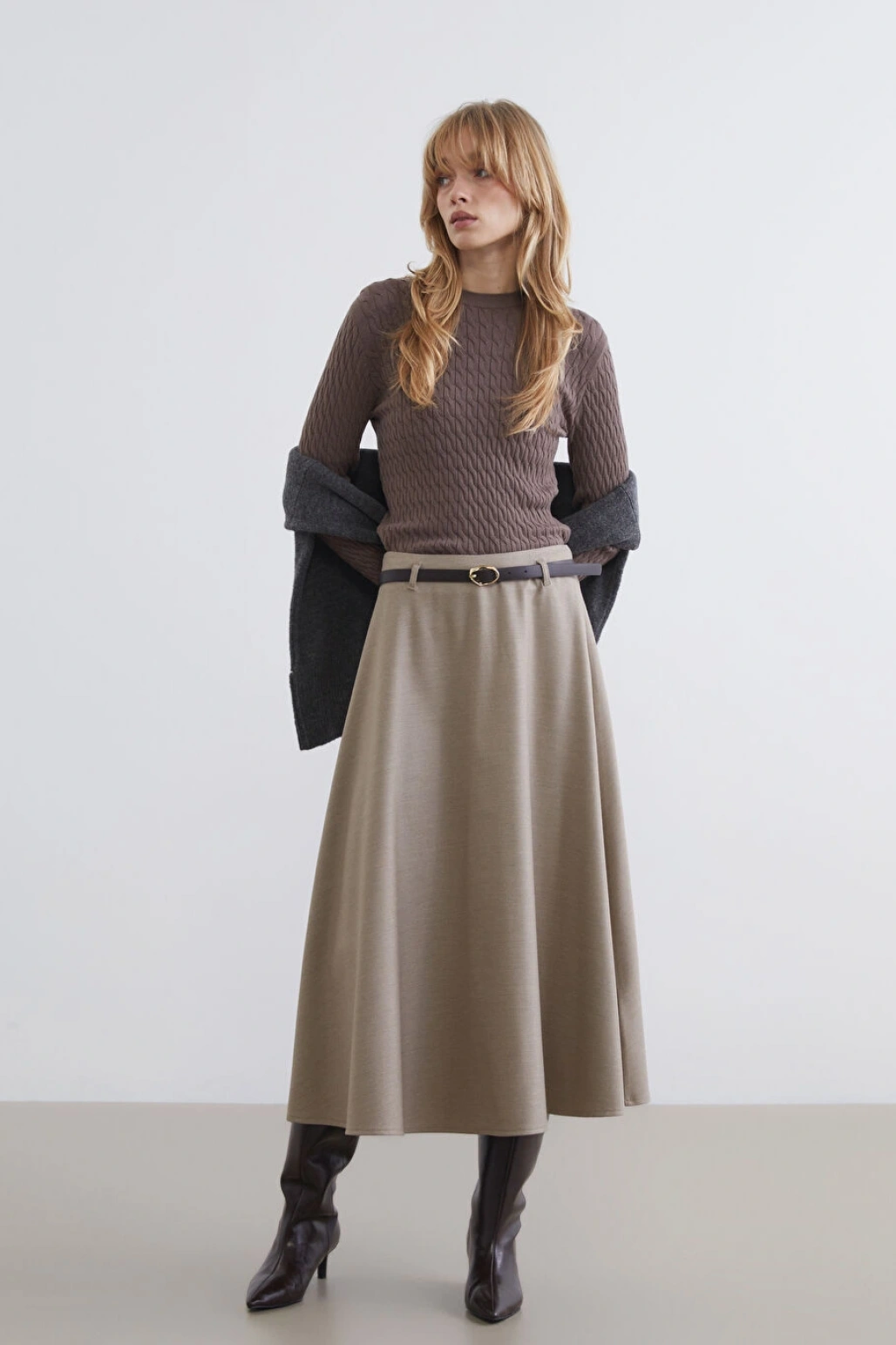 LCW Vision Bej Beli Kemerli Kloş Etek