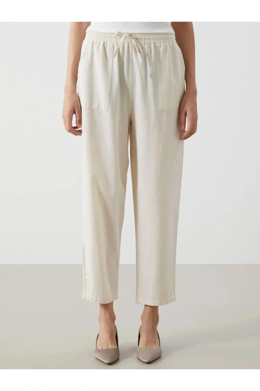LCW Vision Bej Beli Lastikli Keten Karışımlı Kadın Pantolon