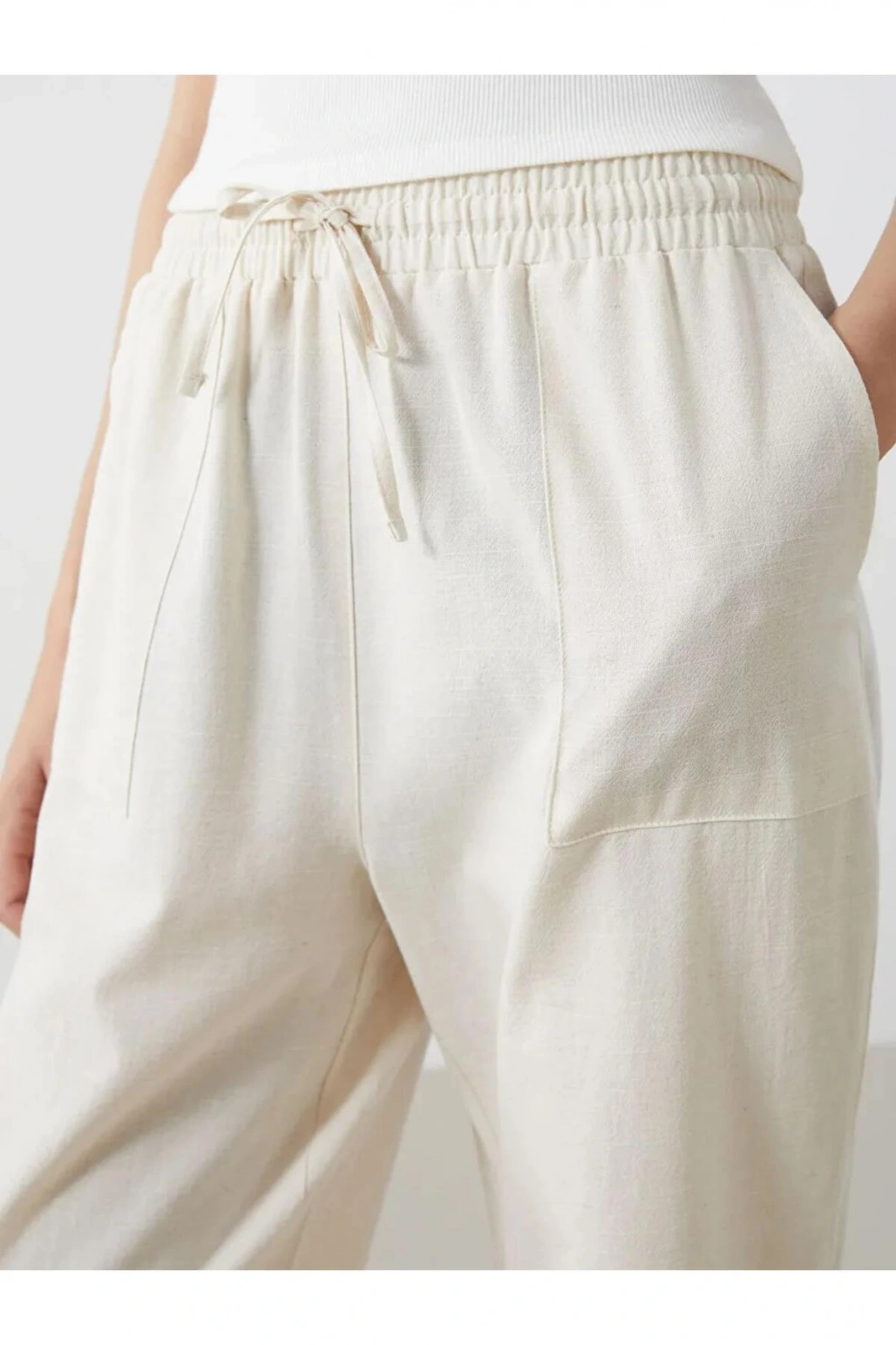 LCW Vision Bej Beli Lastikli Keten Karışımlı Kadın Pantolon
