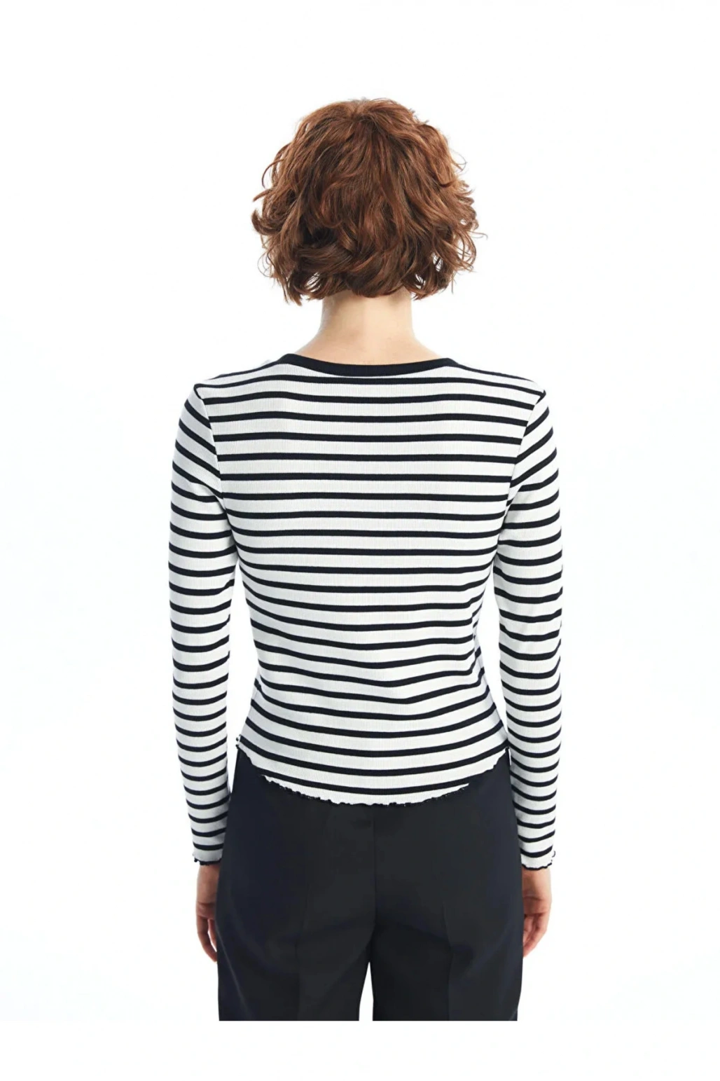 LCW Vision Beyaz Çizgili Bisiklet Yaka Çizgili Kadın Tişört