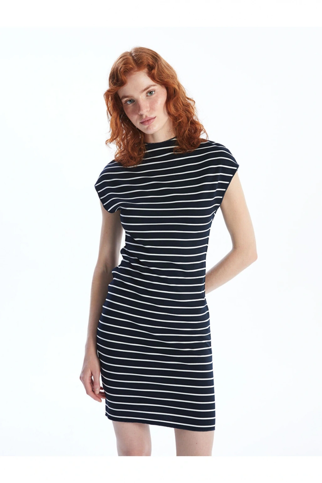 LCW Vision Beyaz Çizgili Dik Yaka Çizgili Kadın Elbise