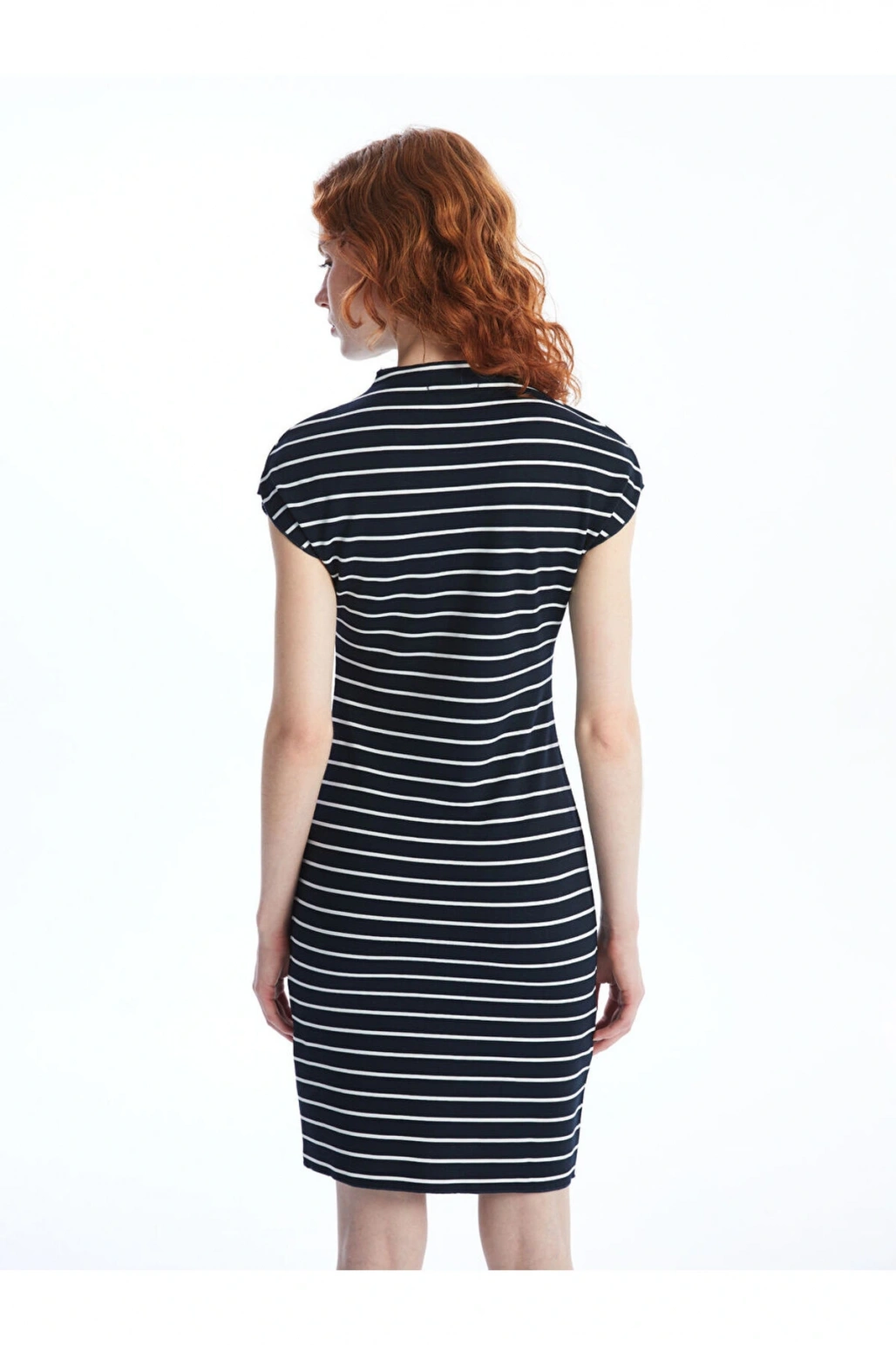 LCW Vision Beyaz Çizgili Dik Yaka Çizgili Kadın Elbise