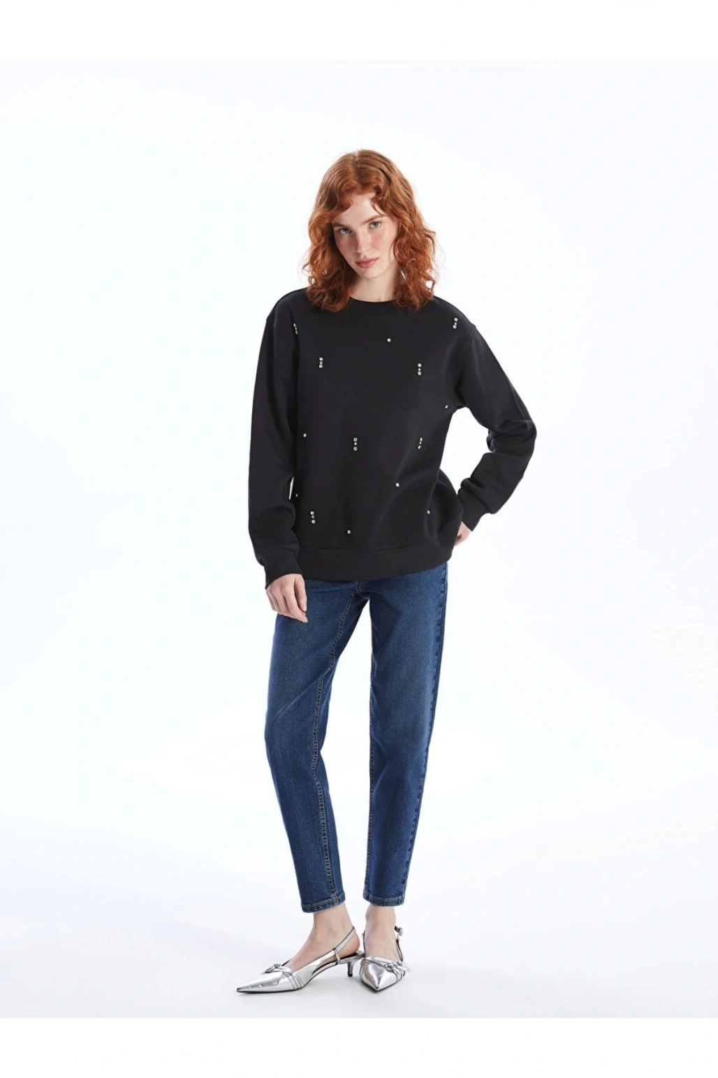 LCW Vision Bisiklet Yaka Parlak Taş Baskılı Kadın Kalın Sweatshirt