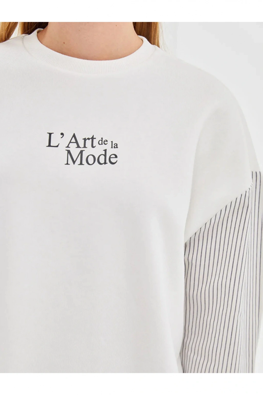 LCW Vision Ekru Bisiklet Yaka Baskılı Oversize Kadın Kalın Sweatshirt