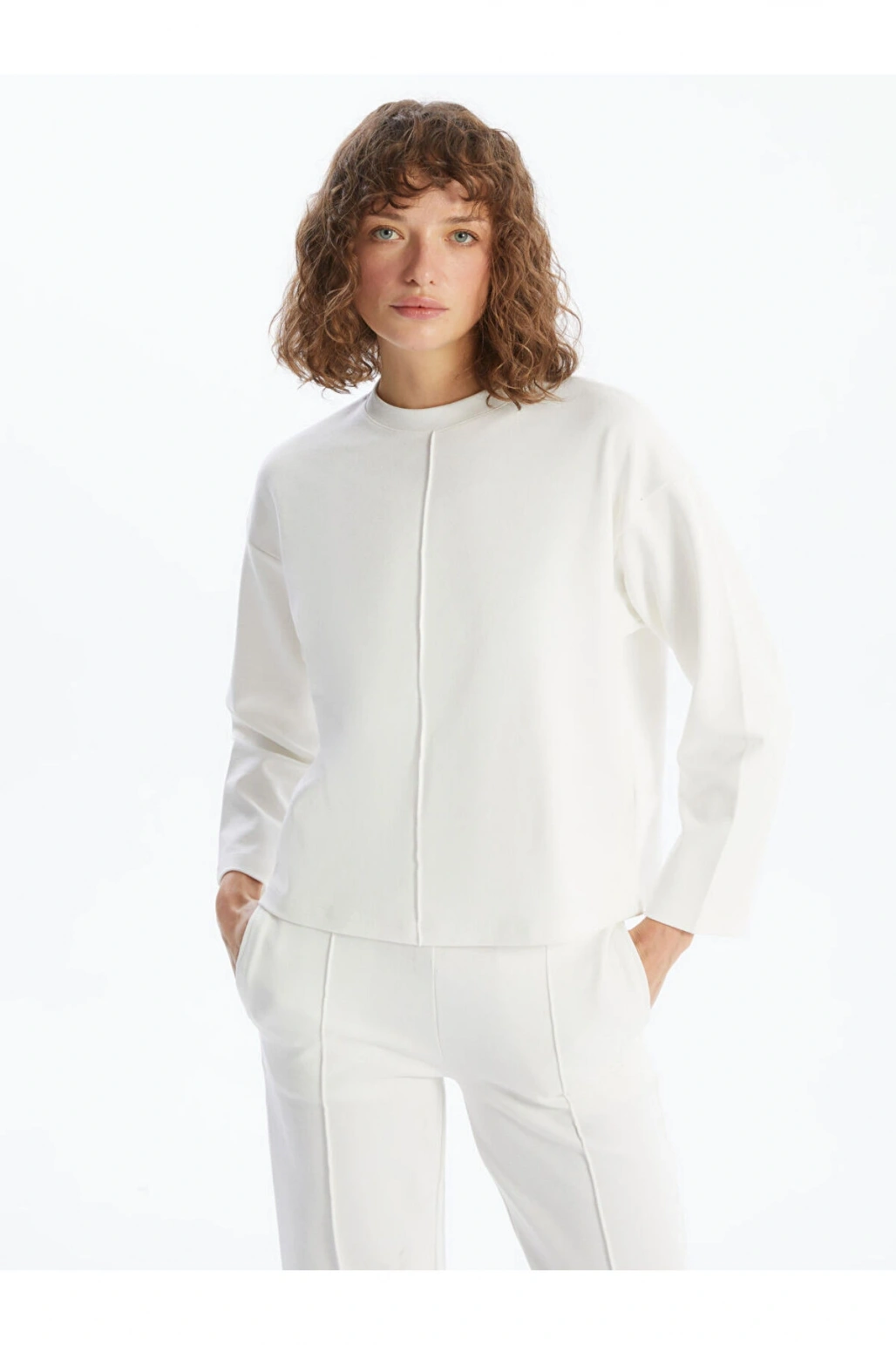 LCW Vision Ekru Bisiklet Yaka Düz Oversize Kadın Sweatshirt