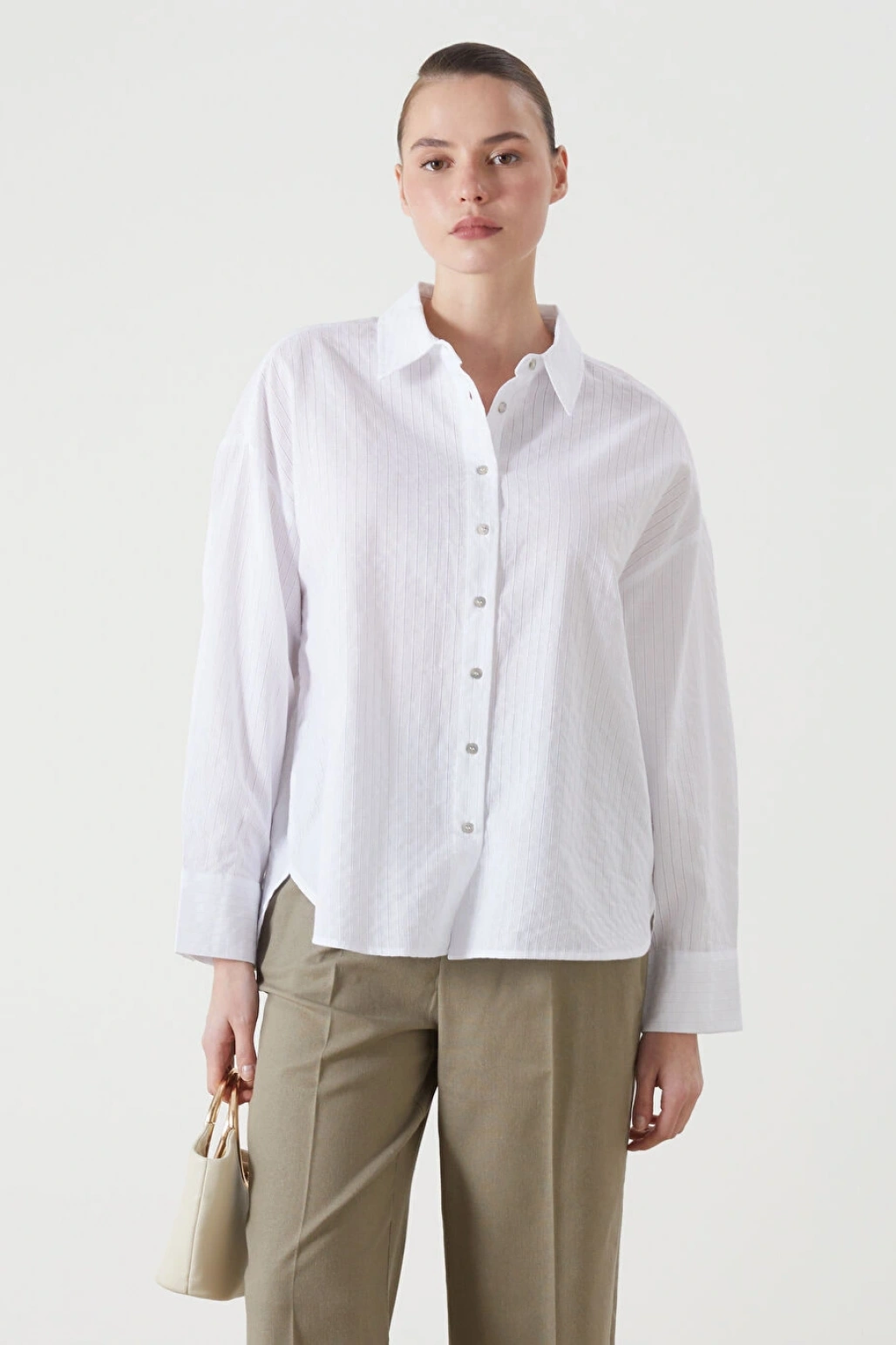 LCW Vision Ekru Çizgili Oversize Kadın Gömlek