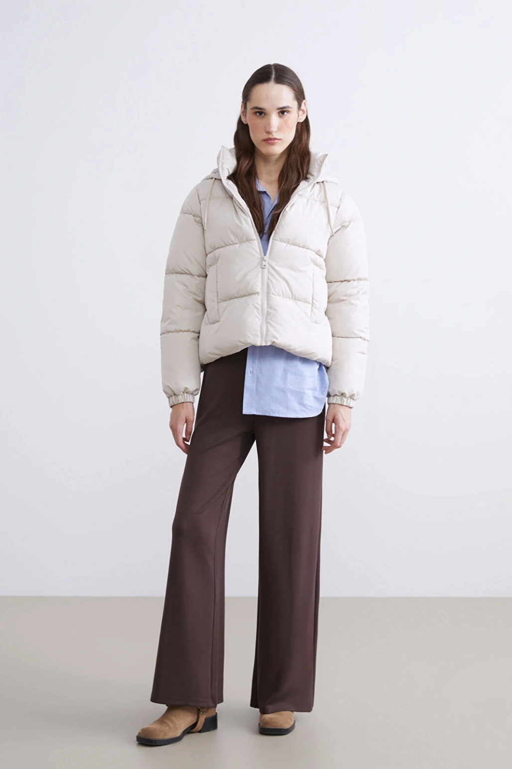 LCW Vision Ekru Kapüşonlu Kadın Şişme Mont