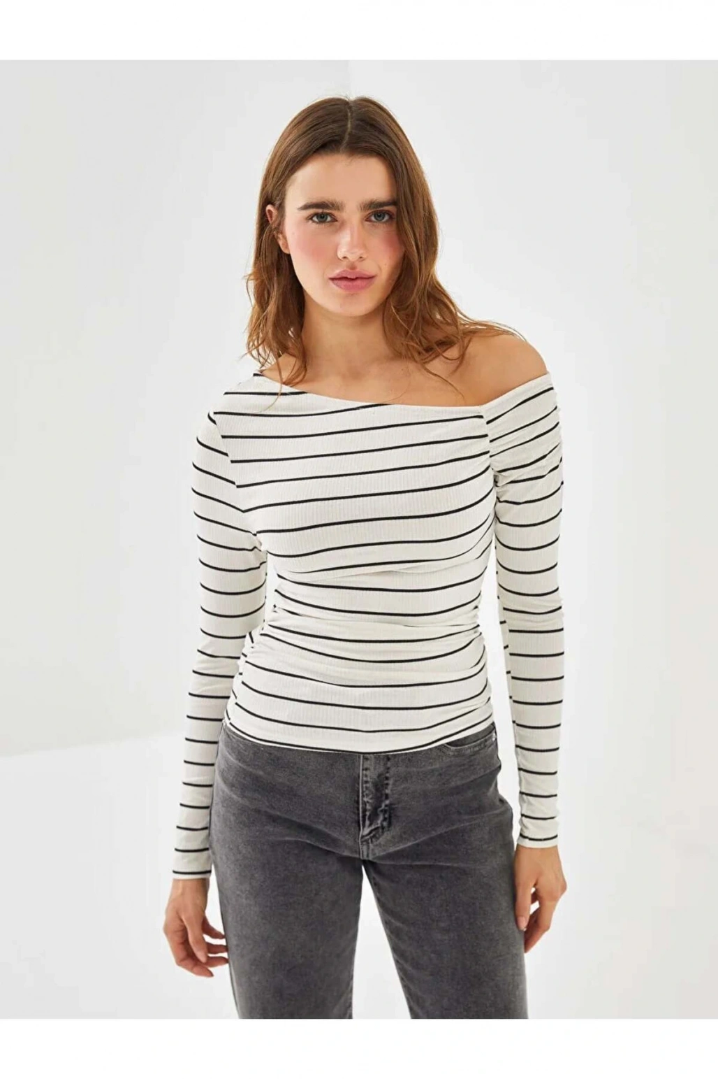 LCW Vision Ekru Kayık Yaka Çizgili Kadın Body