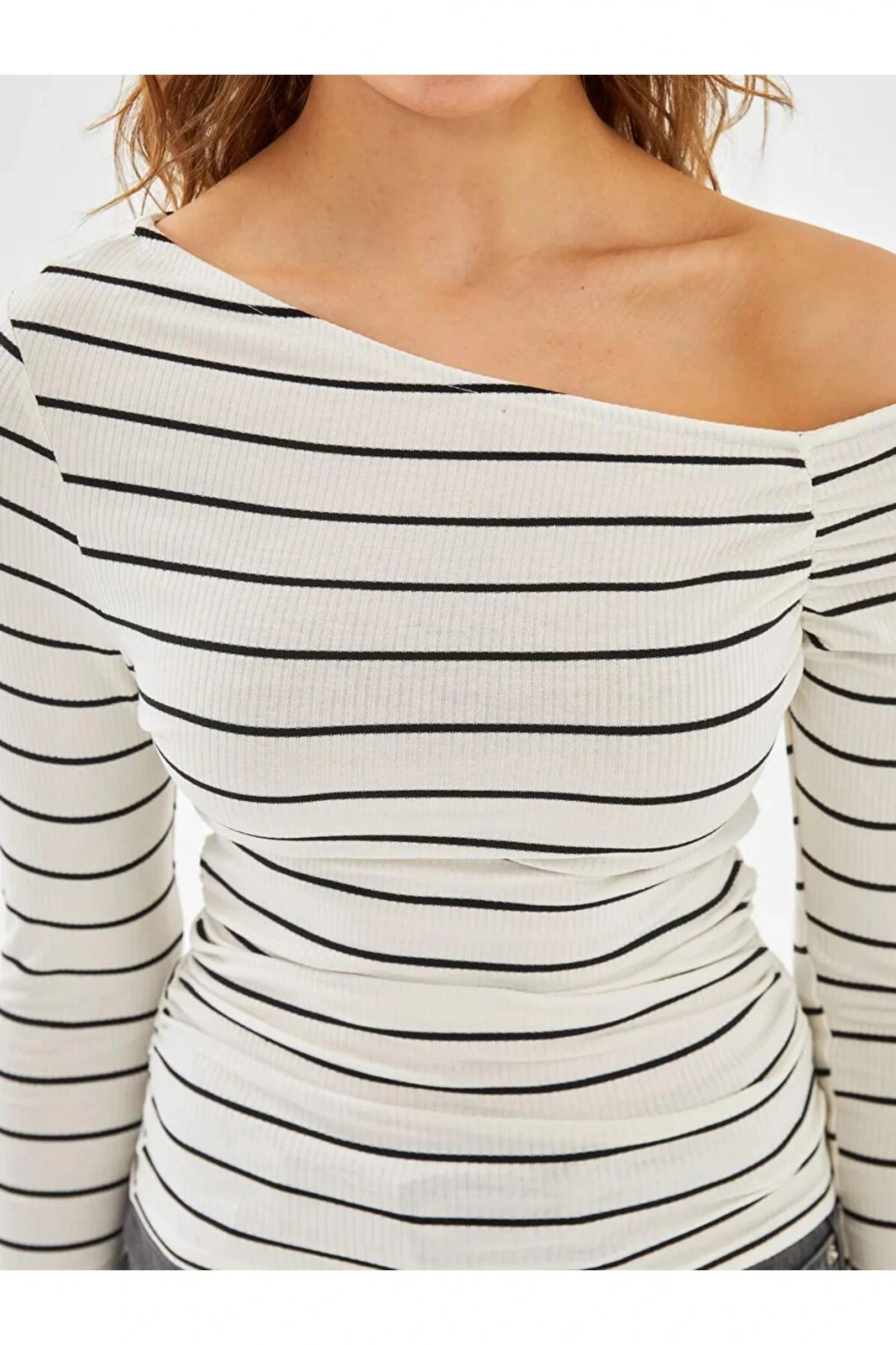 LCW Vision Ekru Kayık Yaka Çizgili Kadın Body