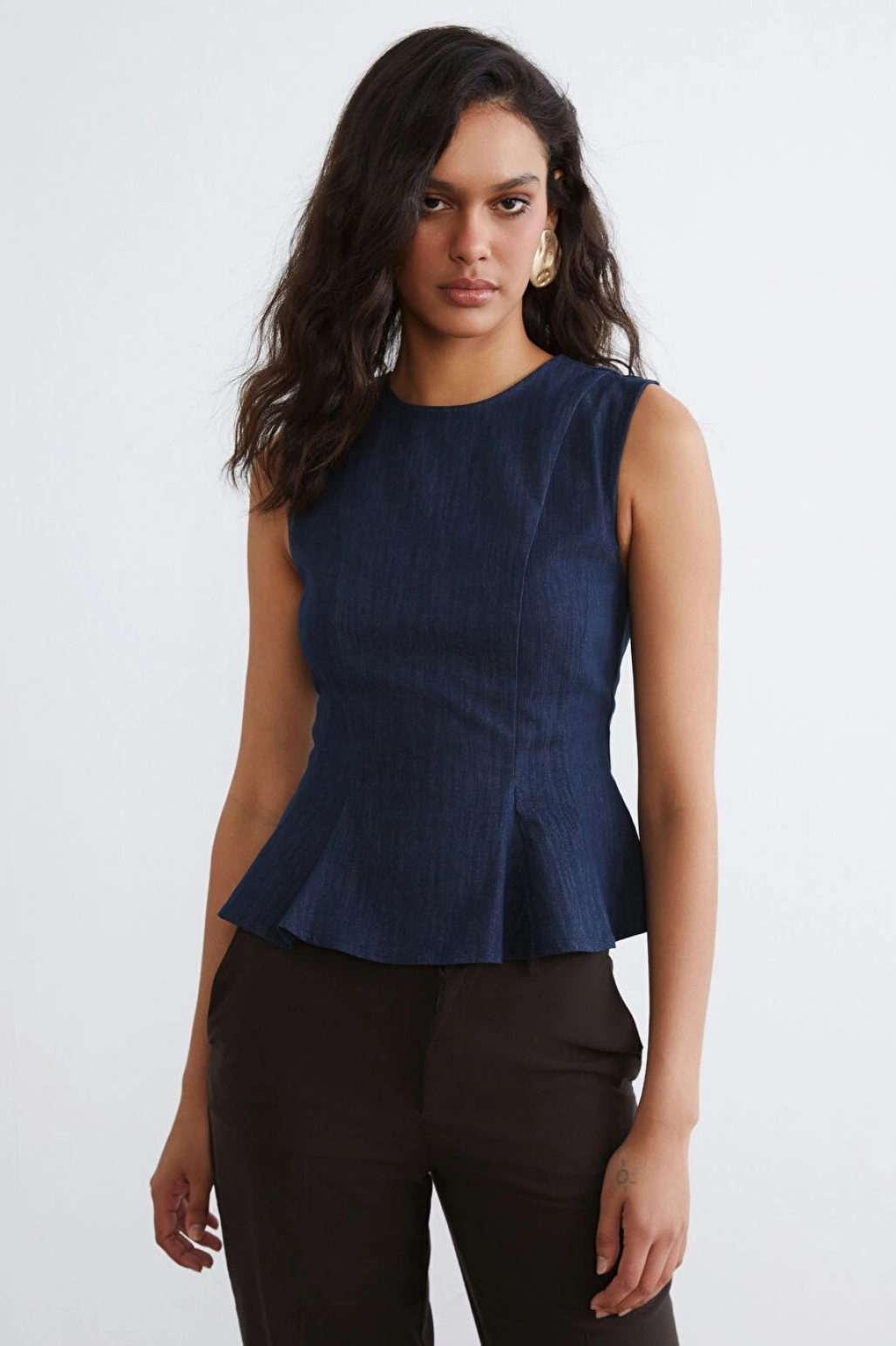 LCW Vision Indigo Bisiklet Yaka Peplum Jean Bluz