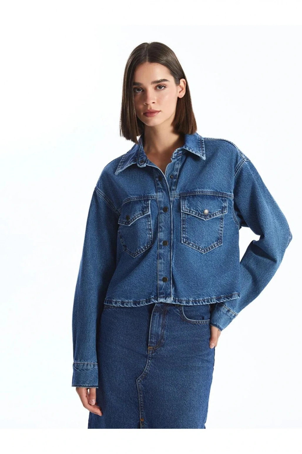 LCW Vision İndigo Düz Uzun Kollu Crop Kadın Jean Gömlek Ceket