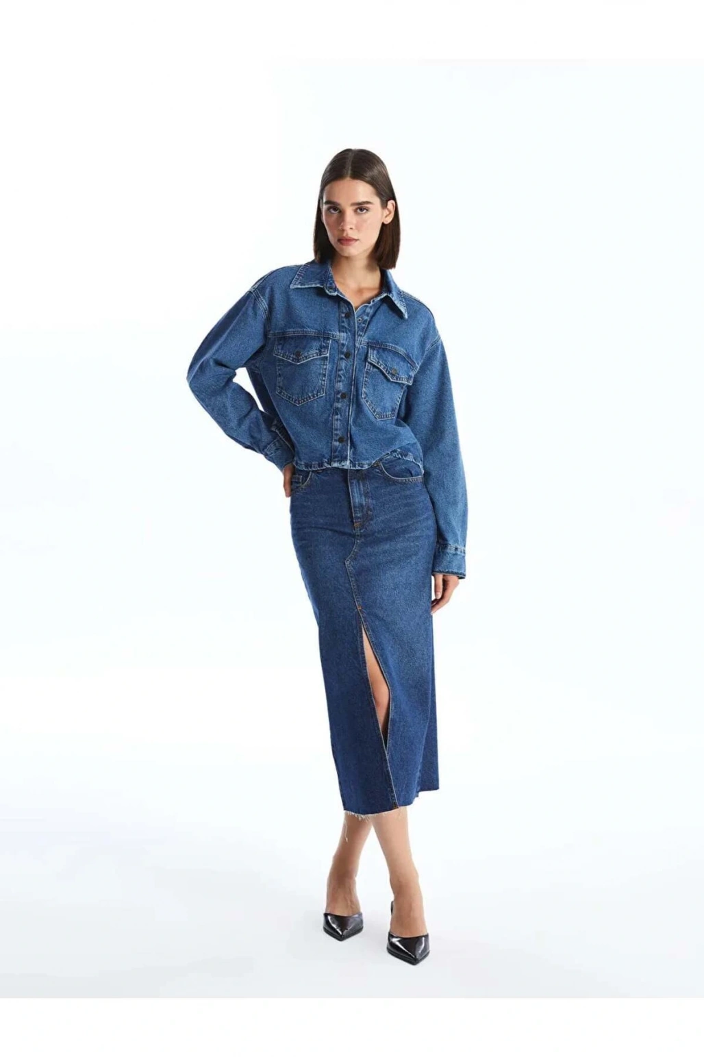 LCW Vision İndigo Düz Uzun Kollu Crop Kadın Jean Gömlek Ceket