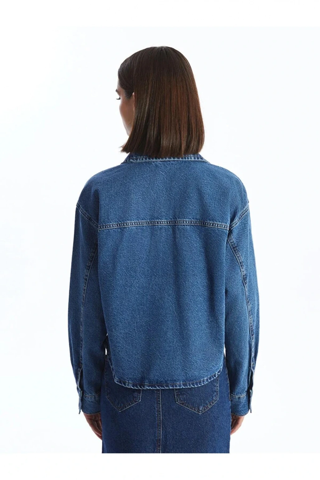 LCW Vision İndigo Düz Uzun Kollu Crop Kadın Jean Gömlek Ceket