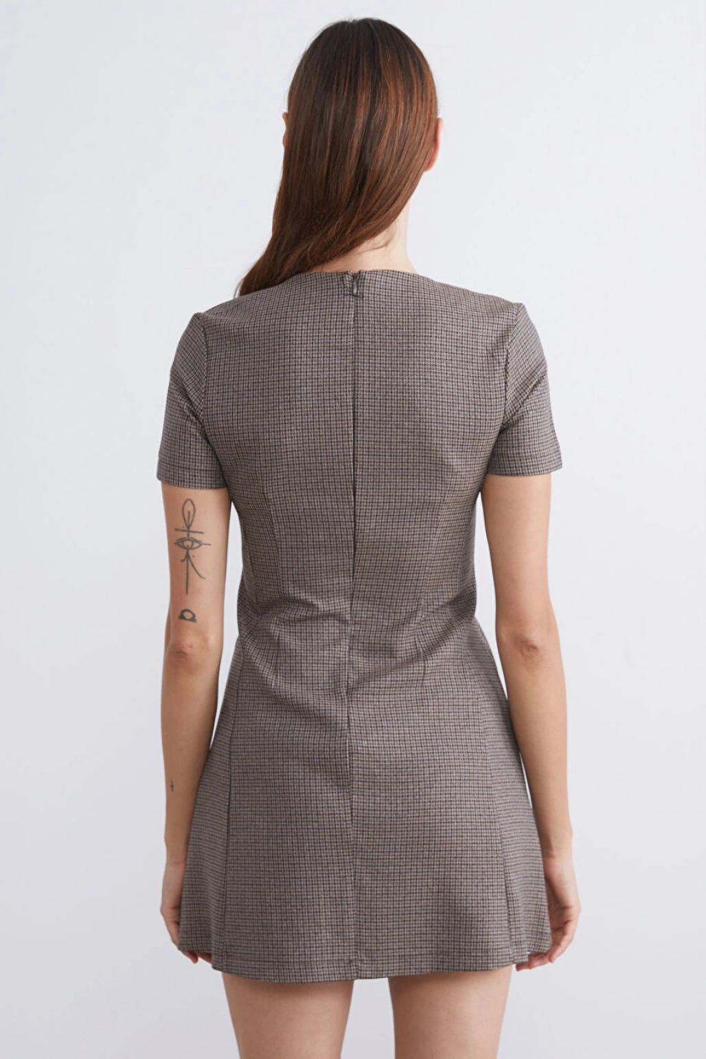 LCW Vision Kahverengi Bisiklet Yaka Ekose Mini Elbise