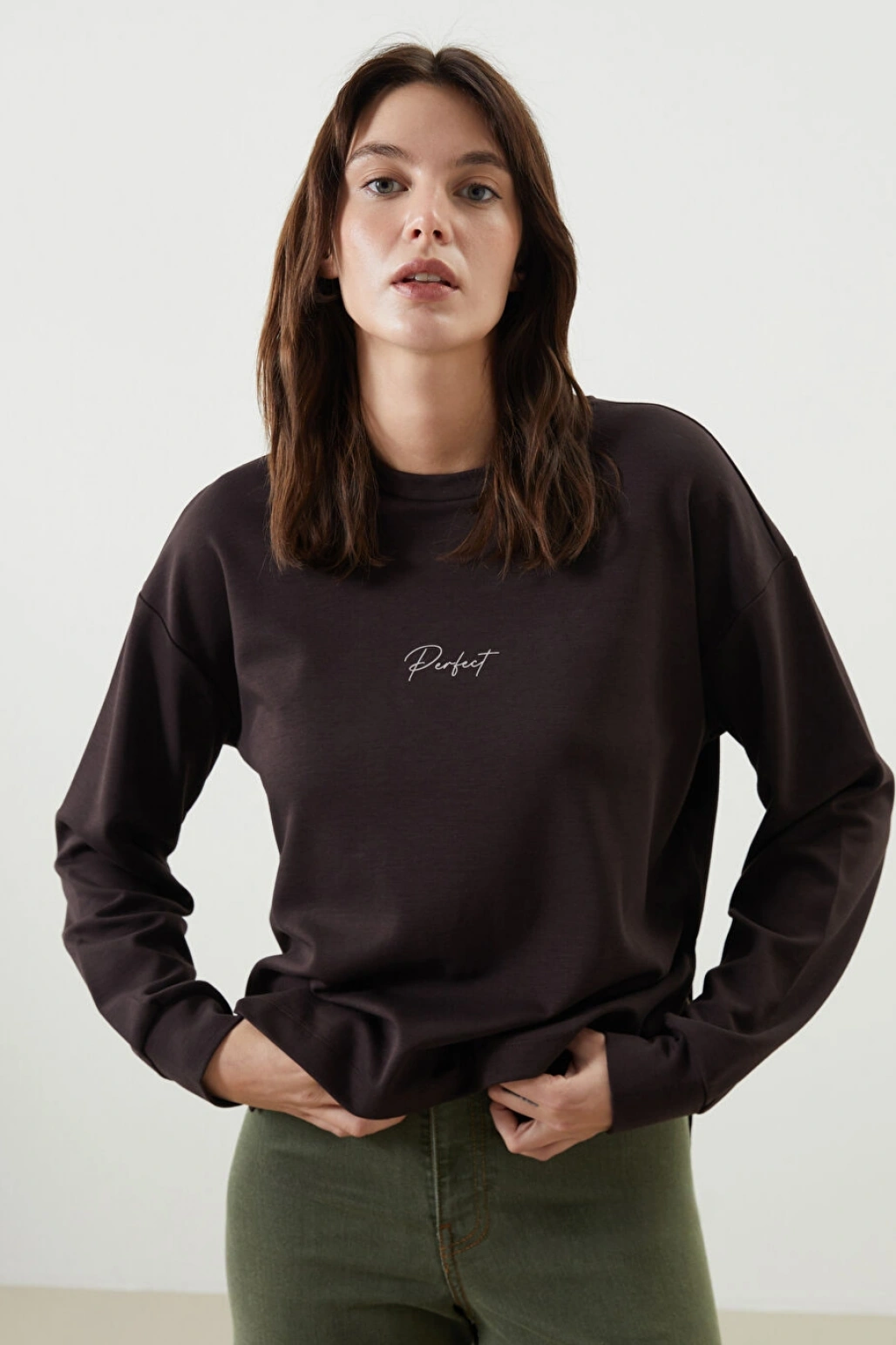 LCW Vision Kahverengi Bisiklet Yaka Nakışlı Oversize Kadın Sweatshirt